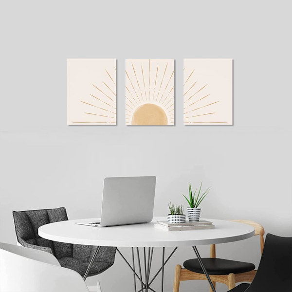 Boho-seinätaidesetti 3 osaa, Canvas-seinätaide Keltainen Auringonnousu Horisontissa Geometrinen Luontokuvitus Taide Seinälle, Toimistoon, 12\"x16\"