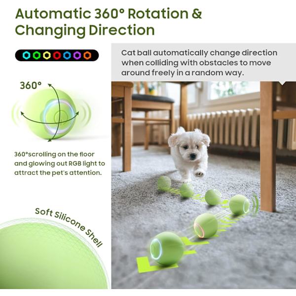 Interaktiv kattstjärna leksak boll husdjur leksak boll med LED-ljus automatisk roterande intelligent för katt inomhus, USB-laddningsbar (mintgrön)