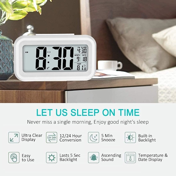 Digitalt vækkeur, 12/24 timers sengeur med LCD-baggrundsbelyst display, ur med dato, kalender og temperatur White