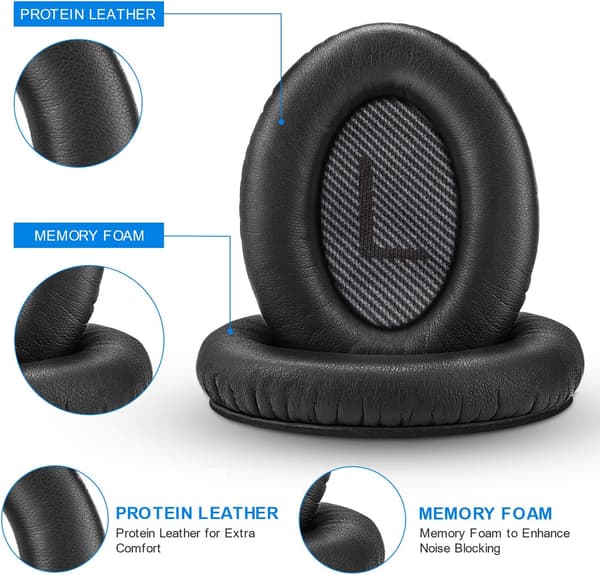 Erstatningsørekopper til Bose QC35 QC35II QC25 QC15 QC2 AE2 AE2i hovedtelefoner, bløde ørepuder i proteinlæder, sort Black