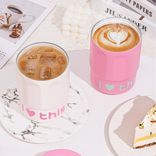 Kaffe termos, Termisk mugg, Isolerad kaffemugg, Rostfritt stål med keramisk beläggning, Läckagesäker resekopp för kaffe Rosa