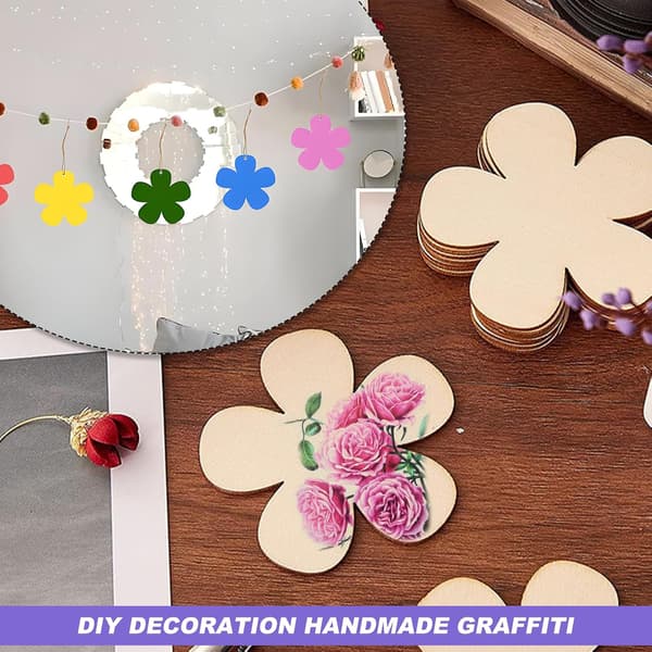 40-pack träblommor för pyssel, 7,5 cm ofärdiga blomutskärningar och träprydnader med 10 m snöre för DIY-projekt