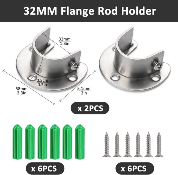 2-pack 32 mm garderobsstångsfästen i rostfritt stål, U-formade flänsfästen för garderobsstänger och duschdraperier