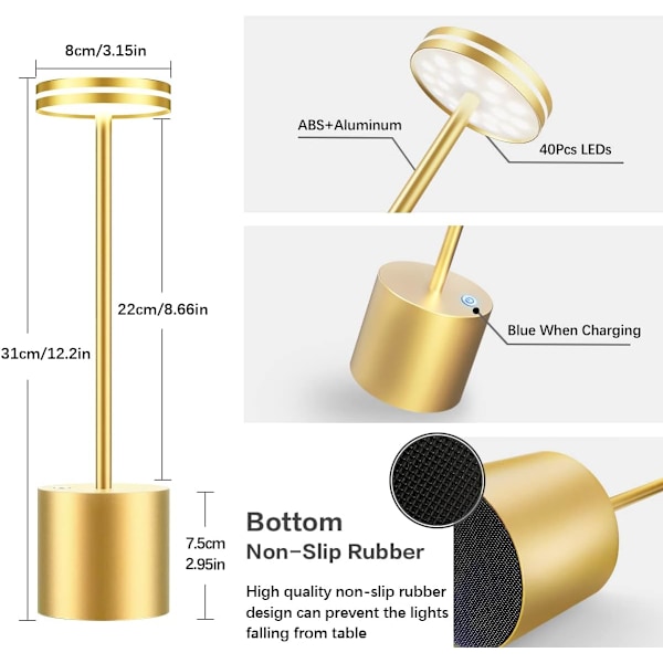 2 Pakk Oppladbar Trådløs LED Bordlampe, 5000mAh Batteridrevet Bordlampe, 3 Fargemoduser, Dimbar, USB Skrivebordslampe