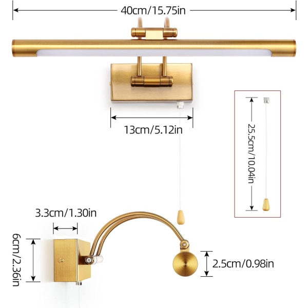 8W vegglampe, LED-vegglampe i metall med speil, svingbar lampehode og bryter for innendørsbelysning på soverommet, 3000K nattbordsleselys, messing, 40CM