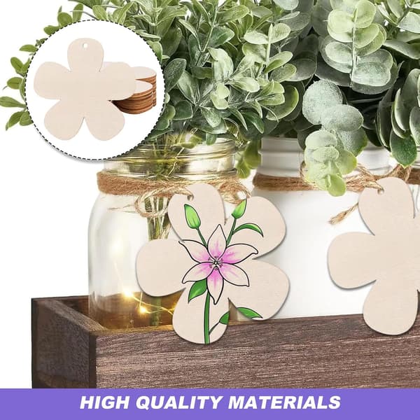 40-pack träblommor för pyssel, 7,5 cm ofärdiga blomutskärningar och träprydnader med 10 m snöre för DIY-projekt