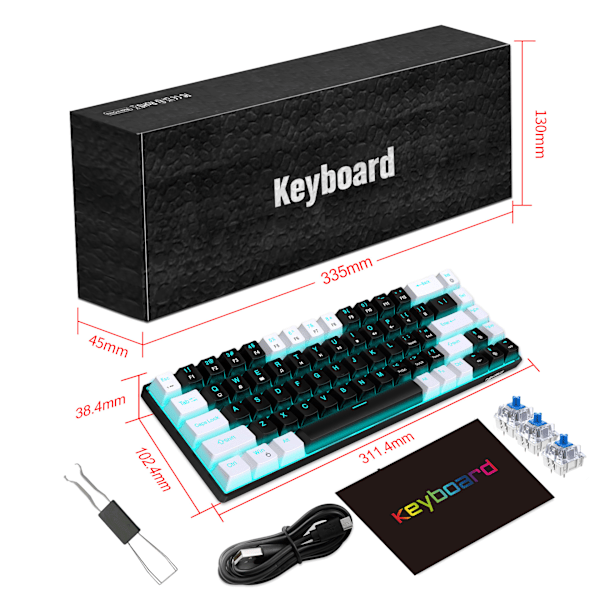 Trådbunden Spelkeyboard, RGB-belyst, Ultrakompakt Mini-keyboard med Avtagbar Kabel, Svart och Vit Färg Style 2