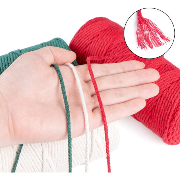 3 Rullar Macrame-snöre 3mmx100m, DIY-Snöre i Bomull för Väggbonader, Växtupphängningar, Hantverk, Stickning, Dekorativa Projekt Beige + rose red + dark green