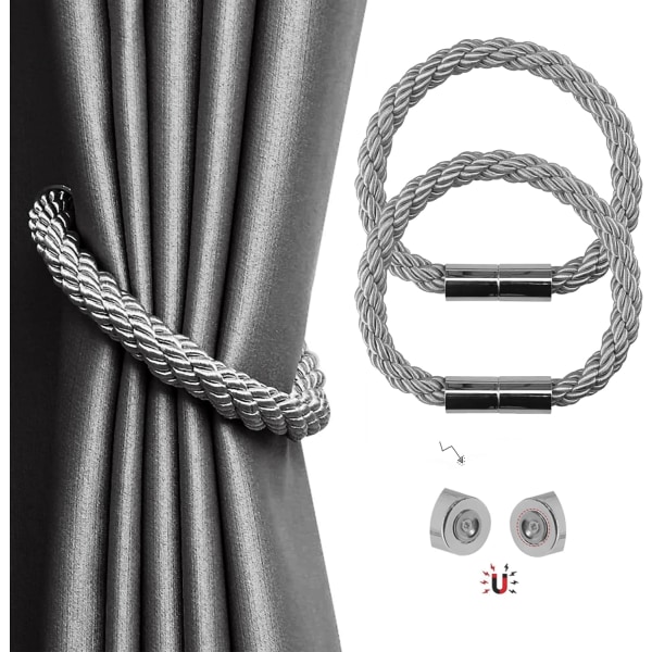 Magnetiska gardinbindare, 2-pack modern enkelhet gardinrepshållare med stark magnet, flätad gardinhållaredekoration (grå)