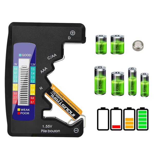 Digitaalinen akkutesti, universaali LCD-akkutesti AAA/AA/C/D 1.5V-9V nappiparistoille