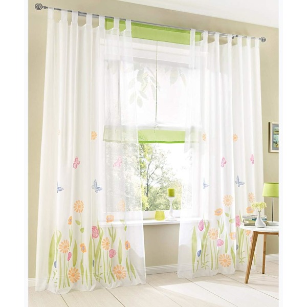 Sæt med 2 transparente gardiner med stropper, blomstermønstrede transparente gardiner, vinduesbehandling til soveværelse, stue, altan, grøn, 150x225cm