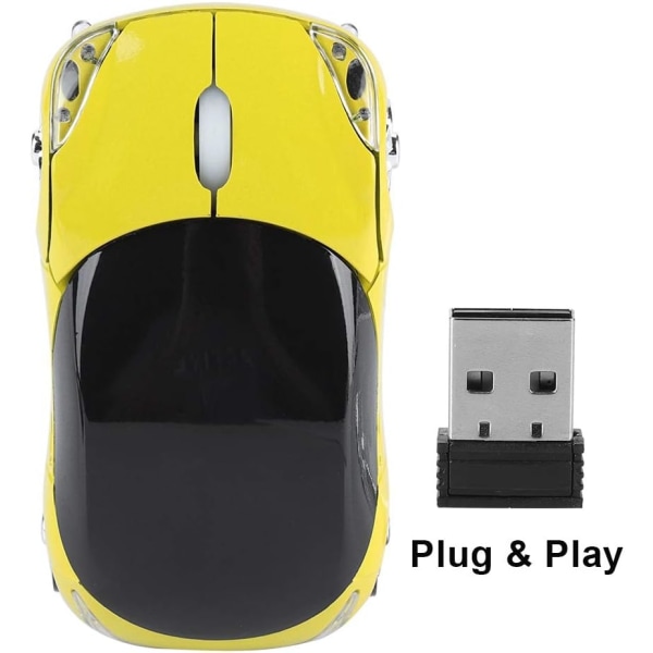 Trådlös mus för barn, 2,4G trådlös mus med USB mottagare, Trådlös bilmus optisk mus 1600DPI för bärbar dator Yellow