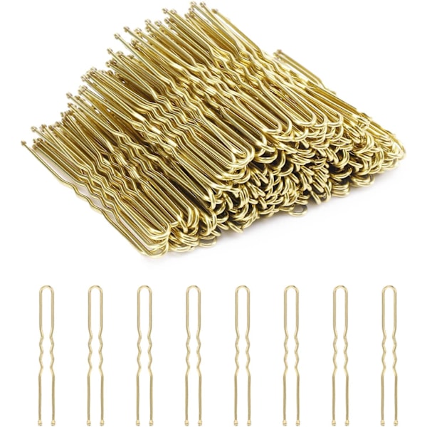 U-formede hårnåler, 200 stk. Bølgete U-formede hårnåler for oppsatser for kvinner, damer og jenter, hårnåler (Blond, 6 cm) Gold