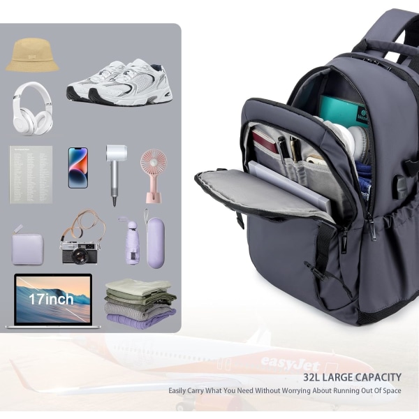 Ryggsäck för kabinresor, grå vattentät Lämplig för utomhusaktiviteter, resor, handbagage för män, bärbar datorväska med USB laddningsport