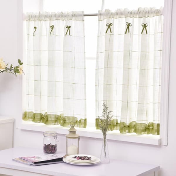 Linned panelgardin med slips, Bomuldsblanding, grøn, BxH 90x90cm