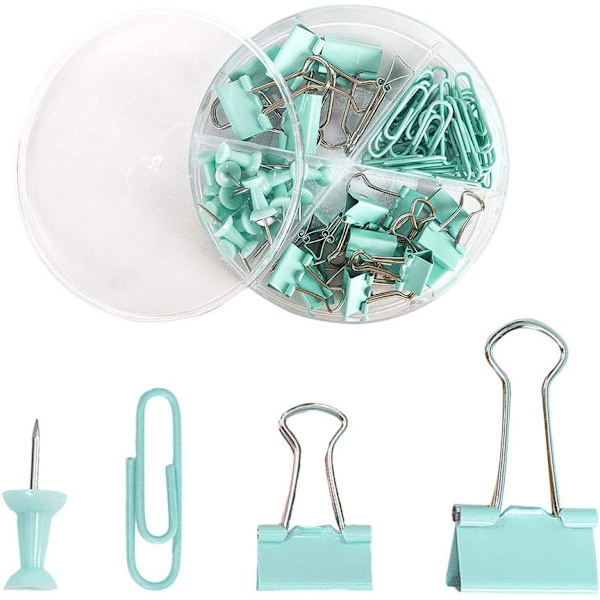72-delars kontorsmaterialset, inklusive 22 pärmklämmor/30 gem/20 tryckstift tumtacks, skolbordstillbehör arrangör med låda Blue