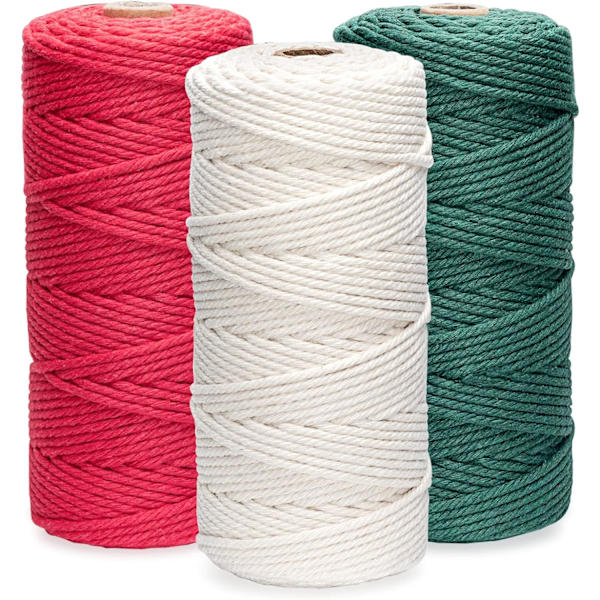 3 Rullar Macrame-snöre 3mmx100m, DIY-Snöre i Bomull för Väggbonader, Växtupphängningar, Hantverk, Stickning, Dekorativa Projekt Beige + rose red + dark green