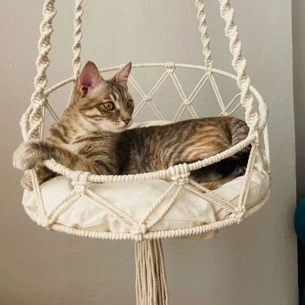 Hengekøye for katter i makramédesign beige 30cm