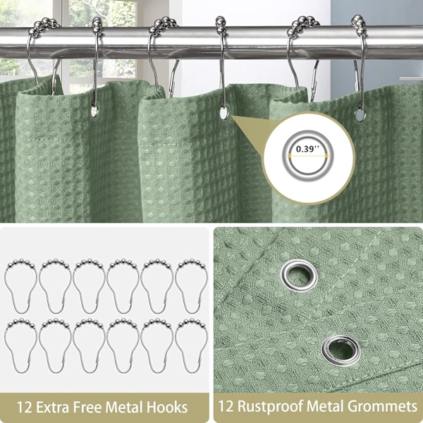 Våfflad duschdraperi, med duschdraperiringar tyg badkar draperi set Green 1.5*2m