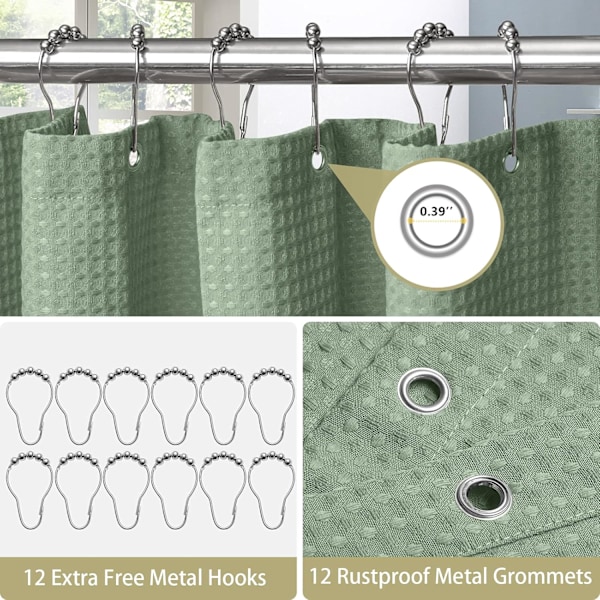 Våfflad duschdraperi, med duschdraperiringar tyg badkar draperi set Green 1.8*1.8m