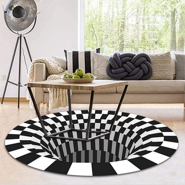 Tæppe med 3D Illusion Vortex, rundt sort og hvidt gittergulvmåtte til soveværelse, stue, kontor (60 * 60CM)