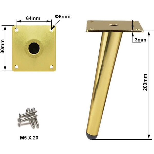 4 st sneda bordsben i metall, koniska möbelben, rostfritt stål, guld, 20 cm höjd, halkfri tyst bas för soffor, bord
