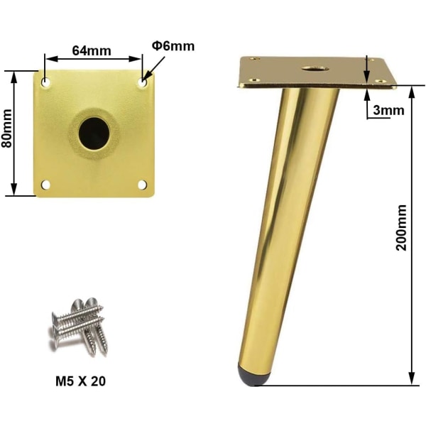 4 stk skråstilte bordben i metall, kjegleformede møbelben, rustfritt stål, gullfarget, 20 cm høyde, sklisikker og lydløs bunn for sofaer, bord