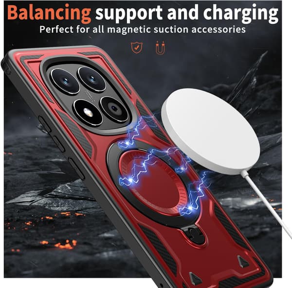 Xiaomi Redmi Note 14 Pro/Plus 5G panserveske, 360 metallringstativ magnetisk støtsikker kollisjonsputedeksel rød