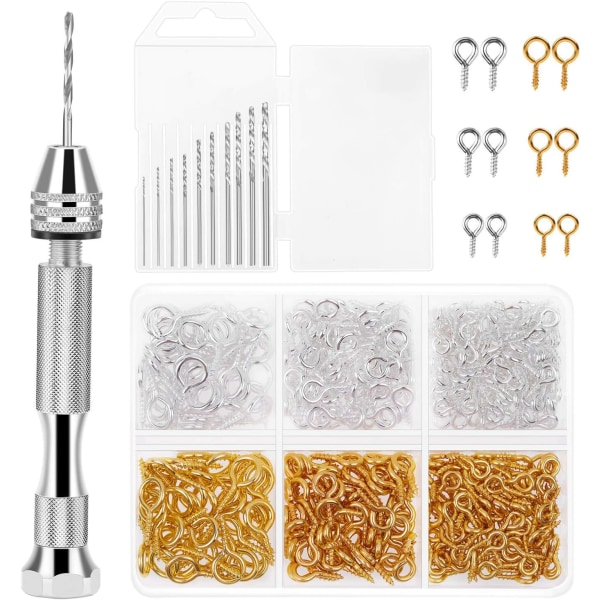 Pin Vise for Resin Casting Molds,Jewelry Making Includes 1Pcs Push Hand Drill 10Pcs Drill Bits 400Pcs Eye Screws