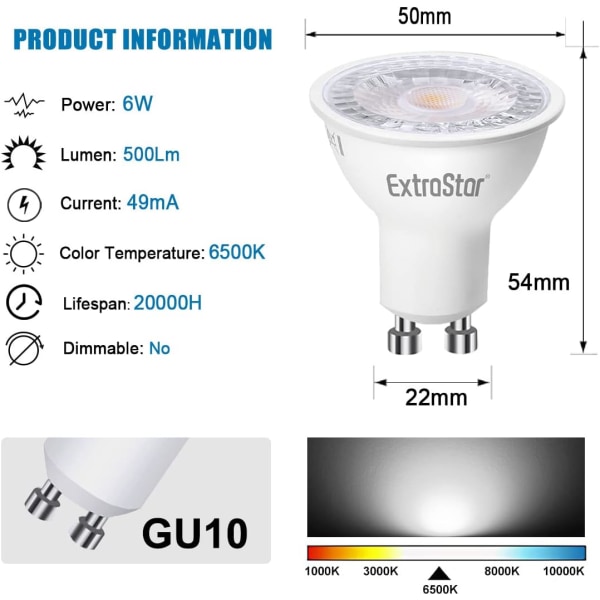 5 stk. GU10 LED-pærer 6W (tilsvarer 60 W), kald hvit 6000K 500 lumen, Gu10 LED-pære 120° brede stråler, innfelt spotlight uten flimring, dimbar