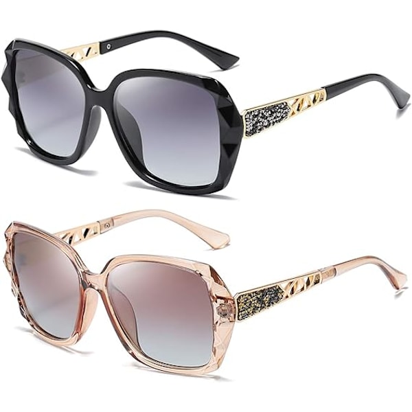 2 stk Oversized Polariserte Solbriller for Kvinner Trendy Klassiske Dame Solbriller UV400 Beskyttelse black and Brown