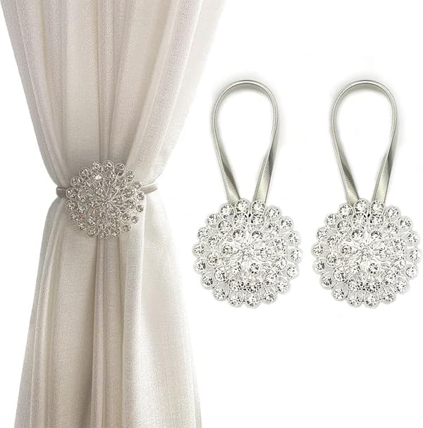 Magnetiske gardinholdere, glitrende krystallblomster Silver