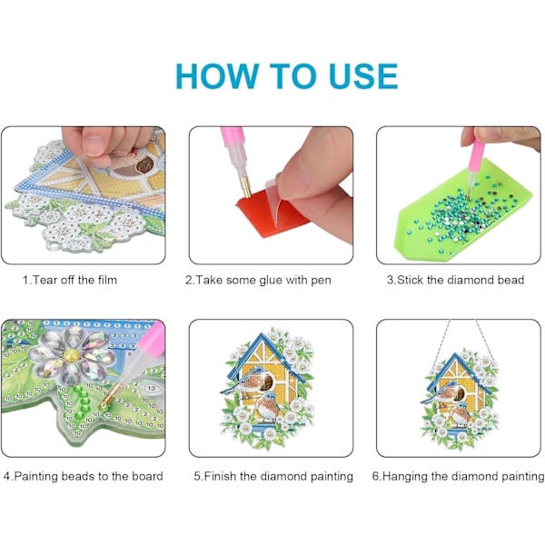 Diamantmålning Kit, DIY Fåglar Blommor Diamant Väggkonst Vindspel Ornament