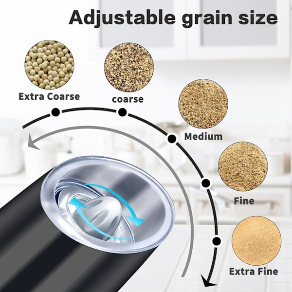 Elektrisk salt- och pepparkvarnset, batteridriven med LED-ljus, justerbar grovhet, automatisk pepparkvarn med en hand