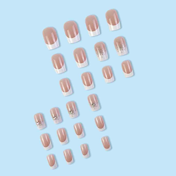 Nude falske negle tips firkantet fransk tryk på negle rhinestone medium længde slid kunstige negle til neglekunst manicure dekoration, 24 stk