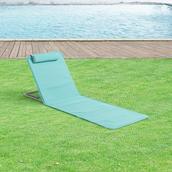Set med 1 solstolmadrass för stranden med lutande ryggstöd, solid struktur, set med vadderade mattor med nackstöd, bärväska, stål, polyester, turkos