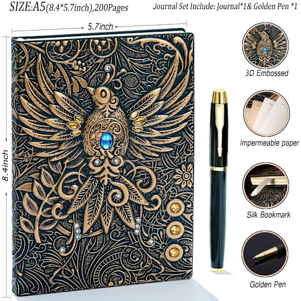 Præget læderjournal Skrive notesbog Rejsedagbog at skrive i, Phoenix gave til mænd og kvinder, med gylden klassisk pen, (Bronze) Bronze 8.4x5.7In