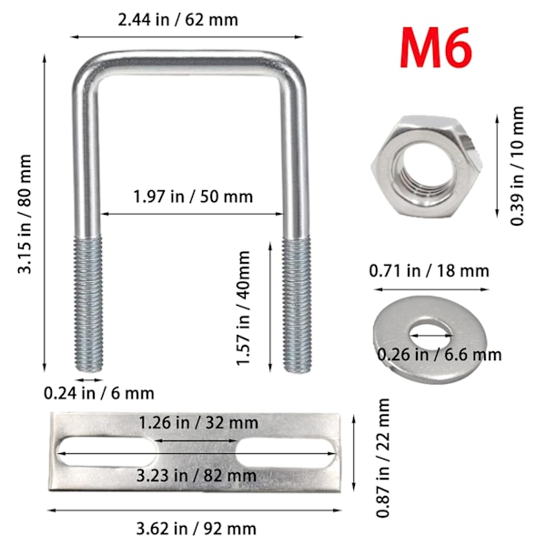 4 st U-bultar M6 U-bult 80 x 50 mm, rostfritt stål U-bult med mutter brickor, för rördiametrar under 50 mm