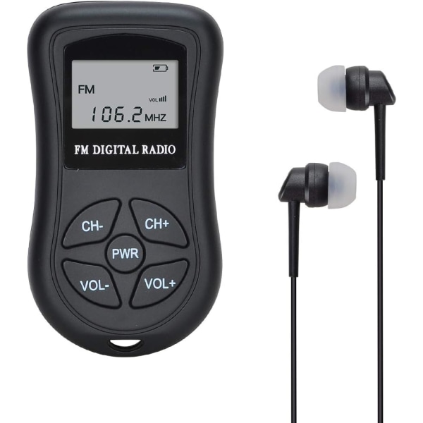 Batteridrevet FM-lommeradio, radio i ministørrelse 60-108MHz Stereoradio Bærbar FM-radiomodtager/m DSP, LCD-skærm og øretelefon（8,5*4,6*2cm）