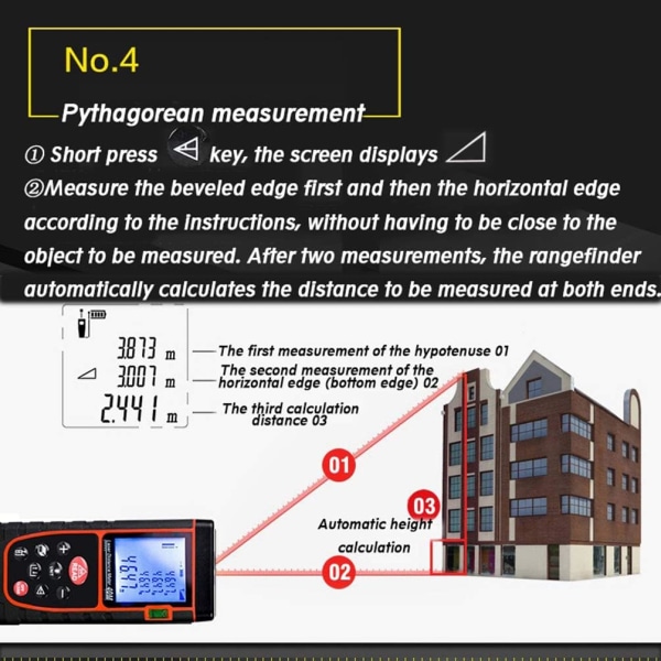 40m Laser Afstandsmåler, Beregner Areal Volumen Afstand, Pythagoras Funktion, 20 Sæt Dataopbevaring, Mute Funktion, Enhedsskift m/in/ft