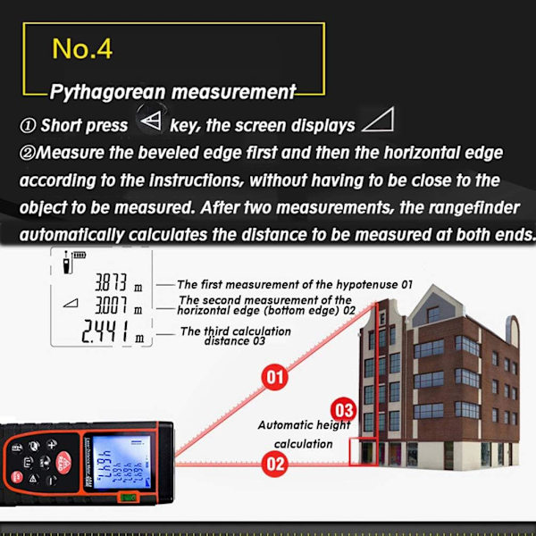 40m Laseravståndsmätare, Beräknar Areavolym Avstånd, Pythagorasfunktion, 20 Set Datalagring, Ljudlös Funktion, Enhetsväxling m/in/ft