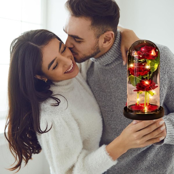 Valentins Evige Rose Kunstig Blomst med LED-lys, Skønheden og Udyret Rose Lampe i Glaskuppel, Romantisk Gave