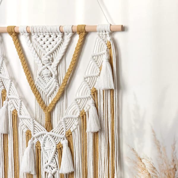 Macrame vävd väggbonad Boho geometrisk vävd gobeläng Beige & Gul Bomull Handgjord bohemisk konstdekor