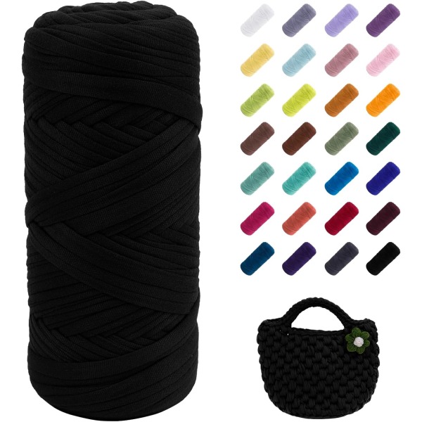 400 g elastisk stoff T-skjorte strikkegarn, tykt heklegarn, for hekle vesker/kurver/tepper, DIY håndverk black