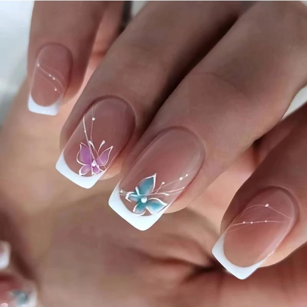 Short Press on Nails Acrylic Fake Nails，with Design Butterfly Style Full Cover False Nails for Women Reusable Nail Kit