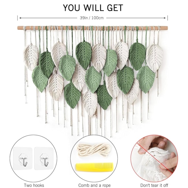 Makrame-seinävaate, suuri seinävaate, kudottu seinävaate, boho-makrame-lehtiseinäkoriste, höyhenet, tyylikäs kudottu taide White-light green-dark green
