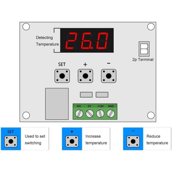 2 stk 12V temperaturkontrollermodul, digital termostatmodul med NTC-sonde -50~110℃, elektronisk temperaturkontrollmodulbryter