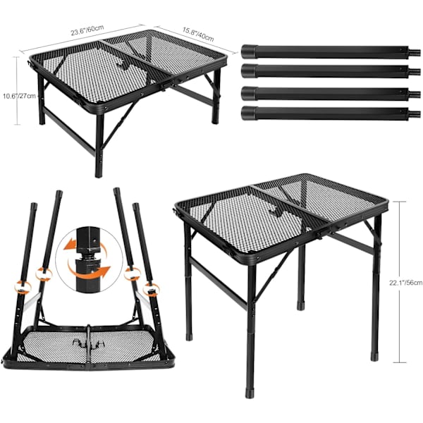 Hopfällbart Campingbord, Litet Hopfällbart Campingbord för Grillning, 2 Höjdjusteringar, Metallgrillbord, Lätt att Rengöra, för Utomhusaktiviteter Picknick
