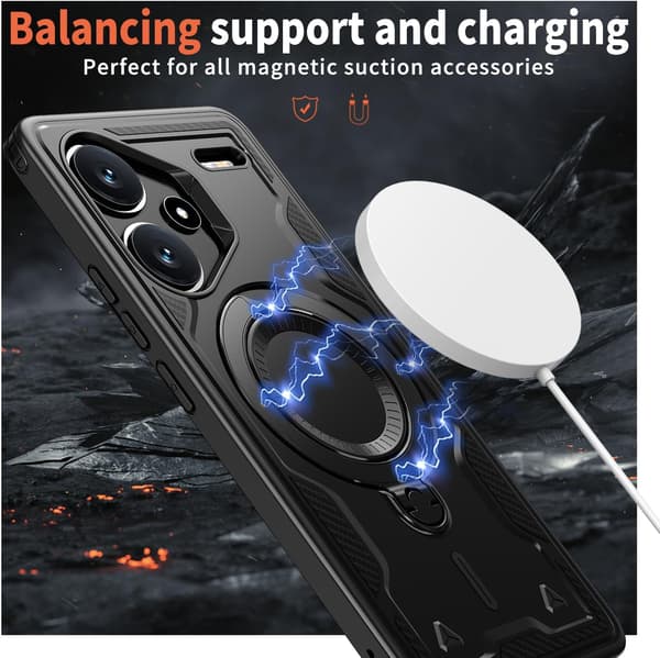 Xiaomi Redmi Note 13 Pro Plus 5G Armor-deksel, 360 metallringstativ magnetisk støtsikker kollisjonsputestøtfangerdeksel svart