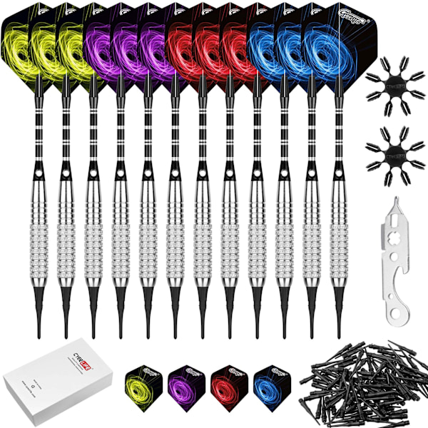 Stålspetsdartset 22/28g med aluminiumsskaft (4 färger) + 16 skydd och fjädrar + slipverktyg + verktyg, 12 förpackningar (4 set)